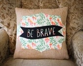 NZFINCH tan be brave banner cushion cover, vintage floral fabric, zip close