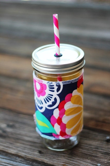 Bold Flowers Mason Jar cup  24 oz large Tumbler with fabric sleeve- travel mug - teachers gift - mothers day- candy swirl straw included