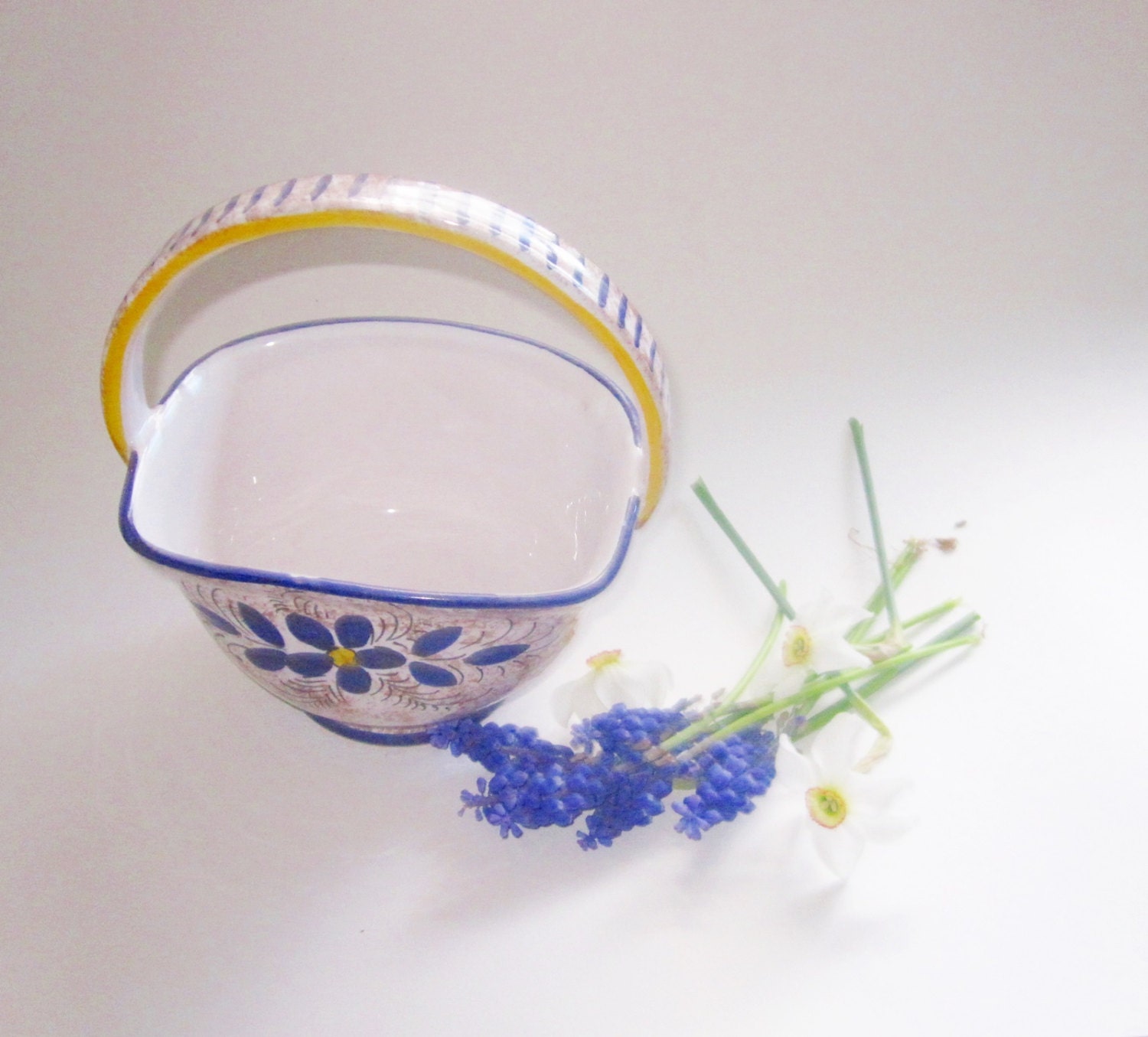 Hand Painted Pottery Basket - Italian Folk Art Ceramics