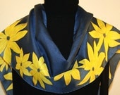 Hand Painted Silk Scarf Gold Flowers. Silk Scarf in Navy Blue and Yellow. Size 11x60. Made in Colorado. 100% silk. MADE TO ORDER.