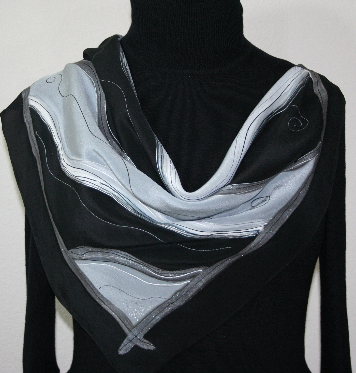 Hand Painted Silk Scarf Alaska Nights Silk Scarf in Black, White & Gray. Size 21x21. Made in Colorado. 100% silk. MADE TO ORDER.