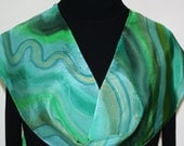 Hand Painted Silk Scarf Morning Waves. Silk Scarf in Green and Emerald. Size 8x52. Silk Scarves Colorado. 100% silk. MADE TO ORDER