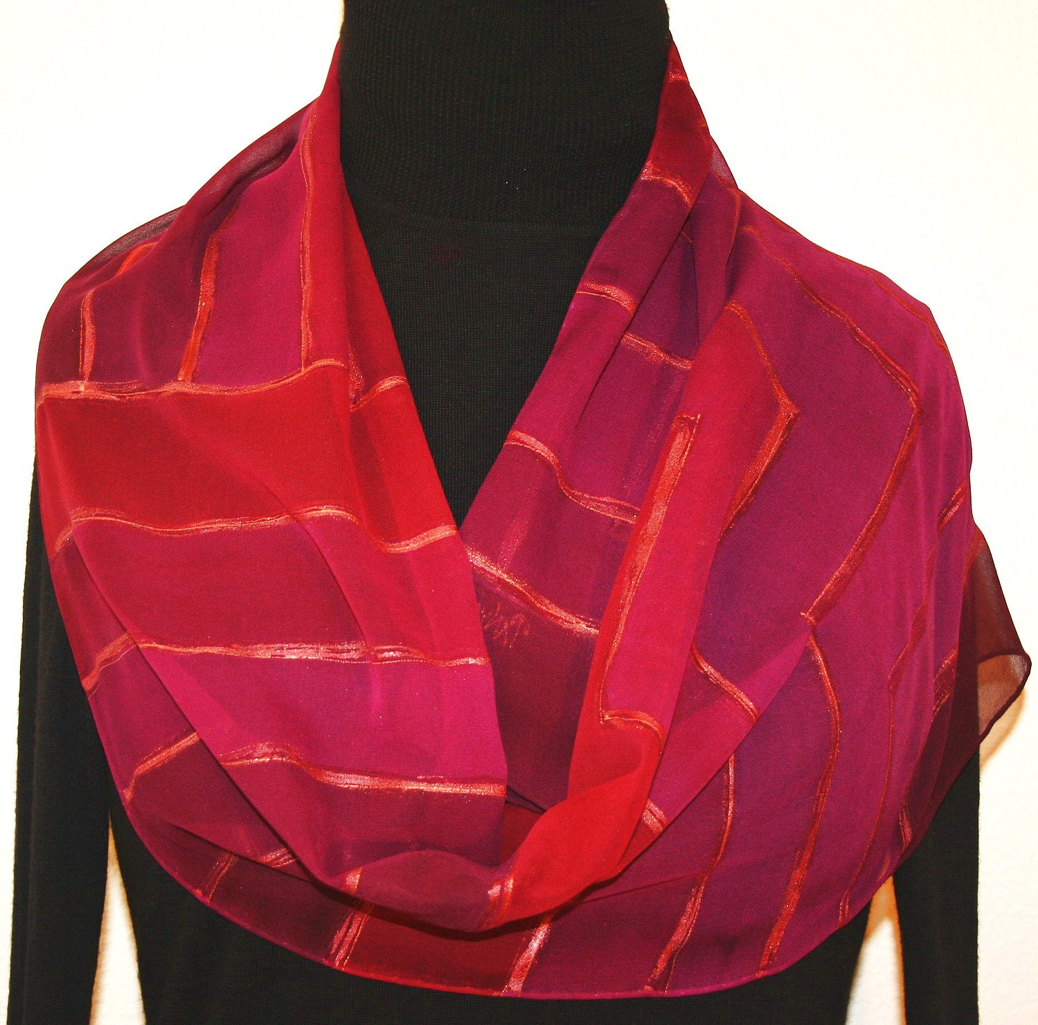 Hand Painted Silk Scarf Moroccan Red. Scarf in Red, Pink, Burgundy, Purple. Size 11x60. Silk Scarves Colorado. 100% silk. MADE TO ORDER.