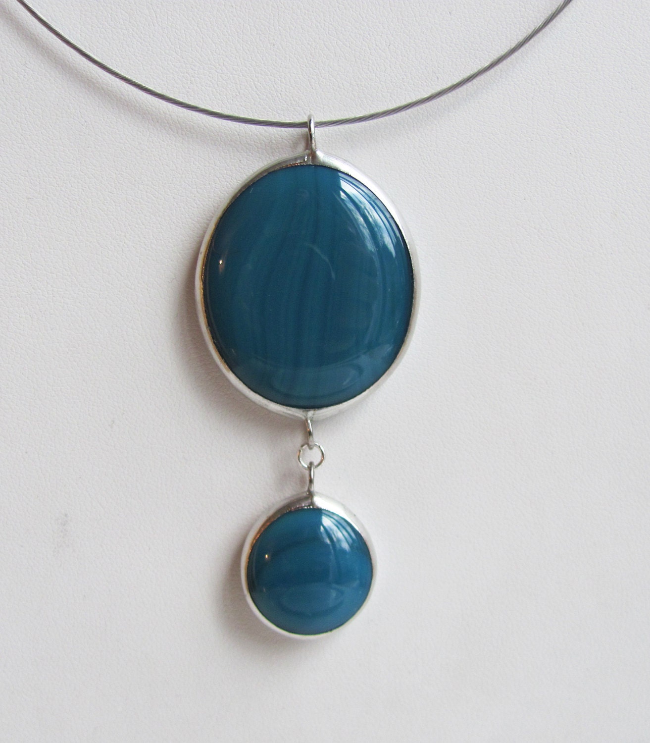 Handmade Teal, Aqua, Stained Glass Necklace, Stainless Steel Choker, Double Tier, Wedding Jewelry