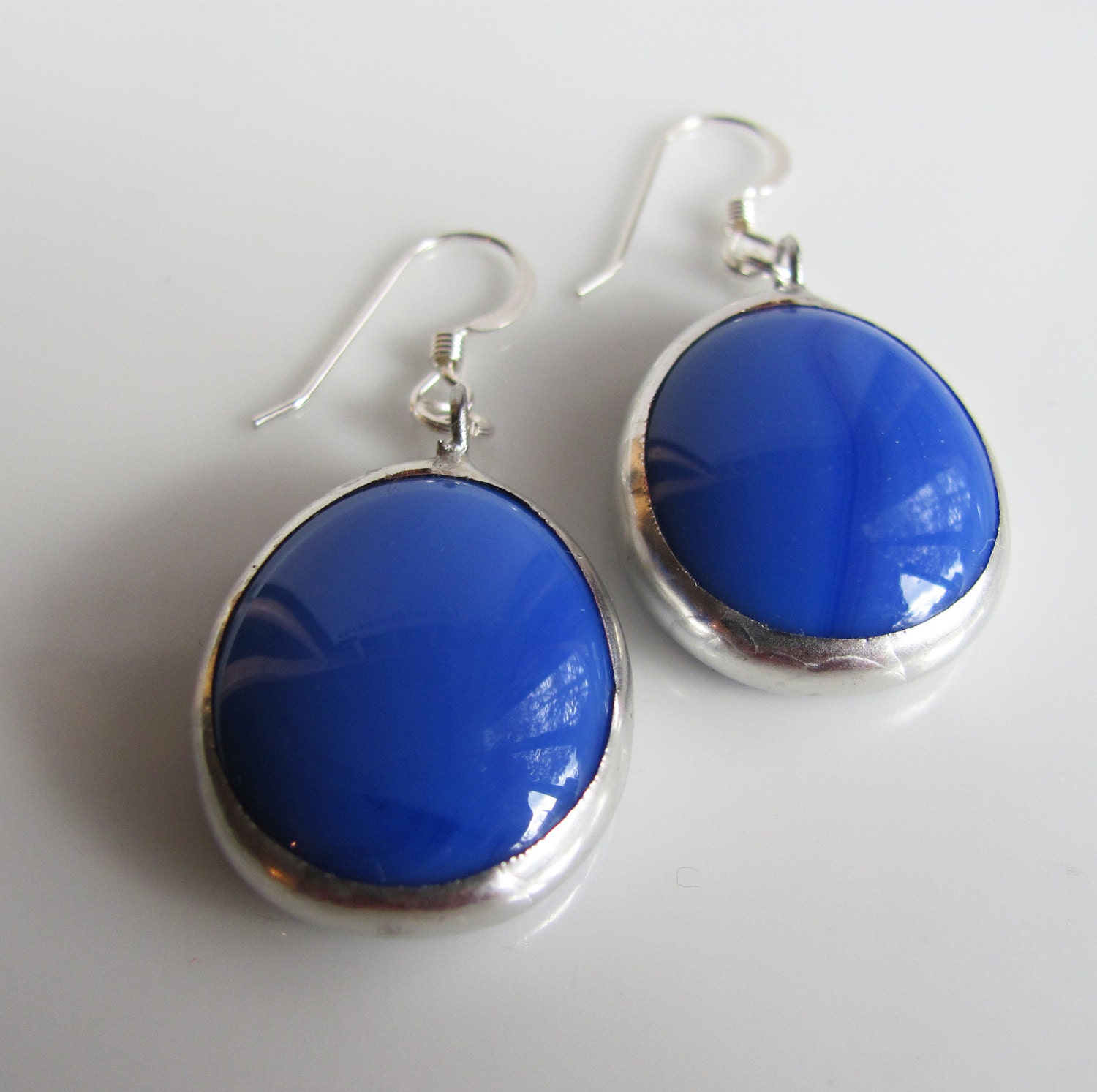 Stained Glass Earrings, Roral  Blue, Dark Blue, Periwinkle Drop Earrings, Oval Shaped Dangles, Sterling Silver, Handmade Jewelry