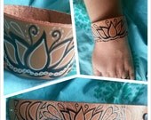 Leather Cuff with Lotus designs in black and white