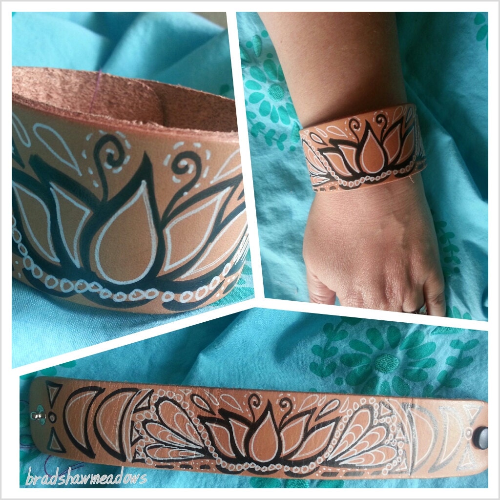 Leather Cuff with Lotus designs in black and white
