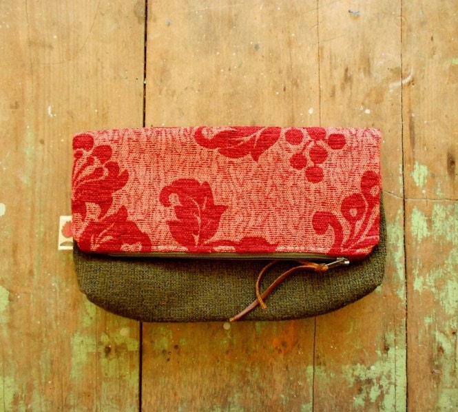 Red and green clutch purse, fold over clutch bag, upcycled cosmetic bag