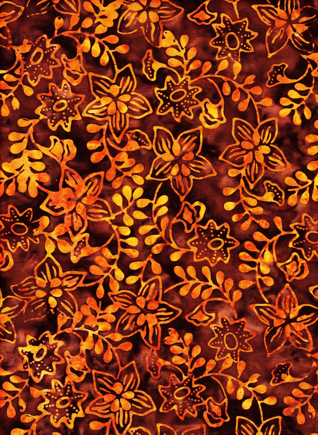 Batik Cotton Fabric, 1 Yard, Leaves, Flowers, Brown, Orange, Batavian Batiks, Quilt, Quilting, Pillow, Wallhanging, Home Decor, Crafts, Gift