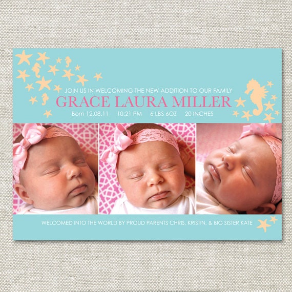 Modern Sea Starfish Custom Photo Birth Announcement (Digital or Printed)