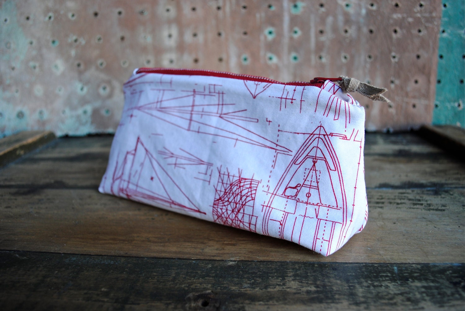 Nautical Zip Pouch w/ Vintage Suede Zipper Pull / Vintage Printed Cotton Fabric with Ship Drawings - SquidWhaleDesigns