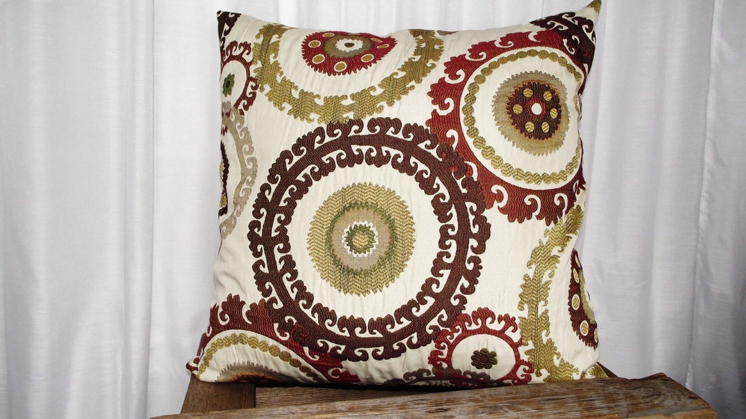 Suzani Print Pillow Cover 24x24 Swavelle Mill Creek Taraz Teak Fabric. Rust, Henna, Chocolate, Fern Green.