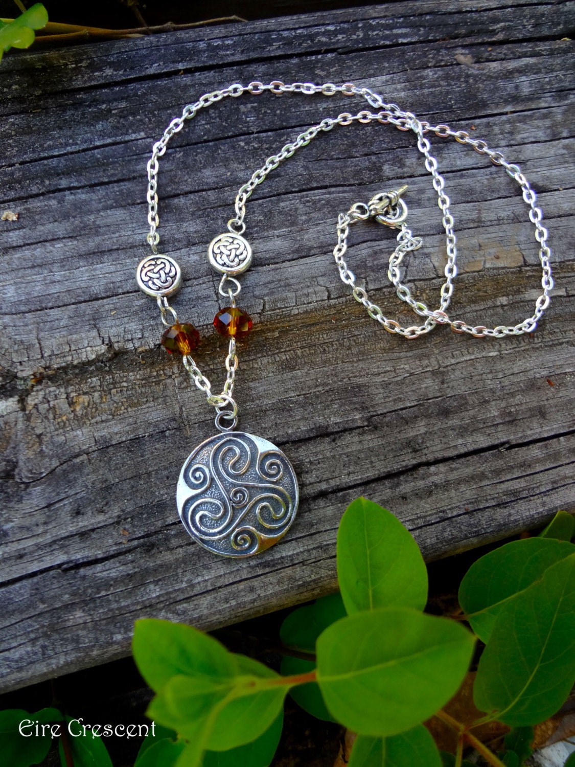Celtic Triskele Necklace- with amber crystals