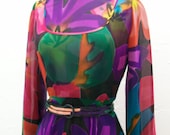 Galanos couture bright silk chiffon dress 1970s S