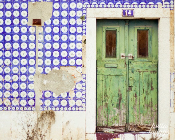 Door Photo,Travel Photograph, 8x10 fine art print, Tile, Green, Blue, Lisbon Wall Decor, Europe Photos - The Green Door,