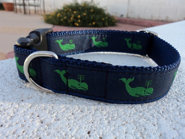 1" Dog Collar Adj. Quick Release - Green Whales - Sm, Med or Lge /Or add Martingale upgrade