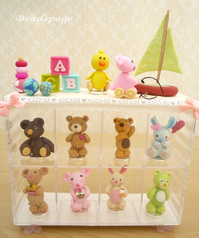 OOAK Miniature Hand Sculpture Polymer Clay Plush Animals Display Cabinet Bundle Package, Teddy Bears, Bunny Rabbit, Mouse