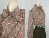 30% OFF. 1980's. deer & fox print. ascot bow. button up vintage blouse. Sz m/l.