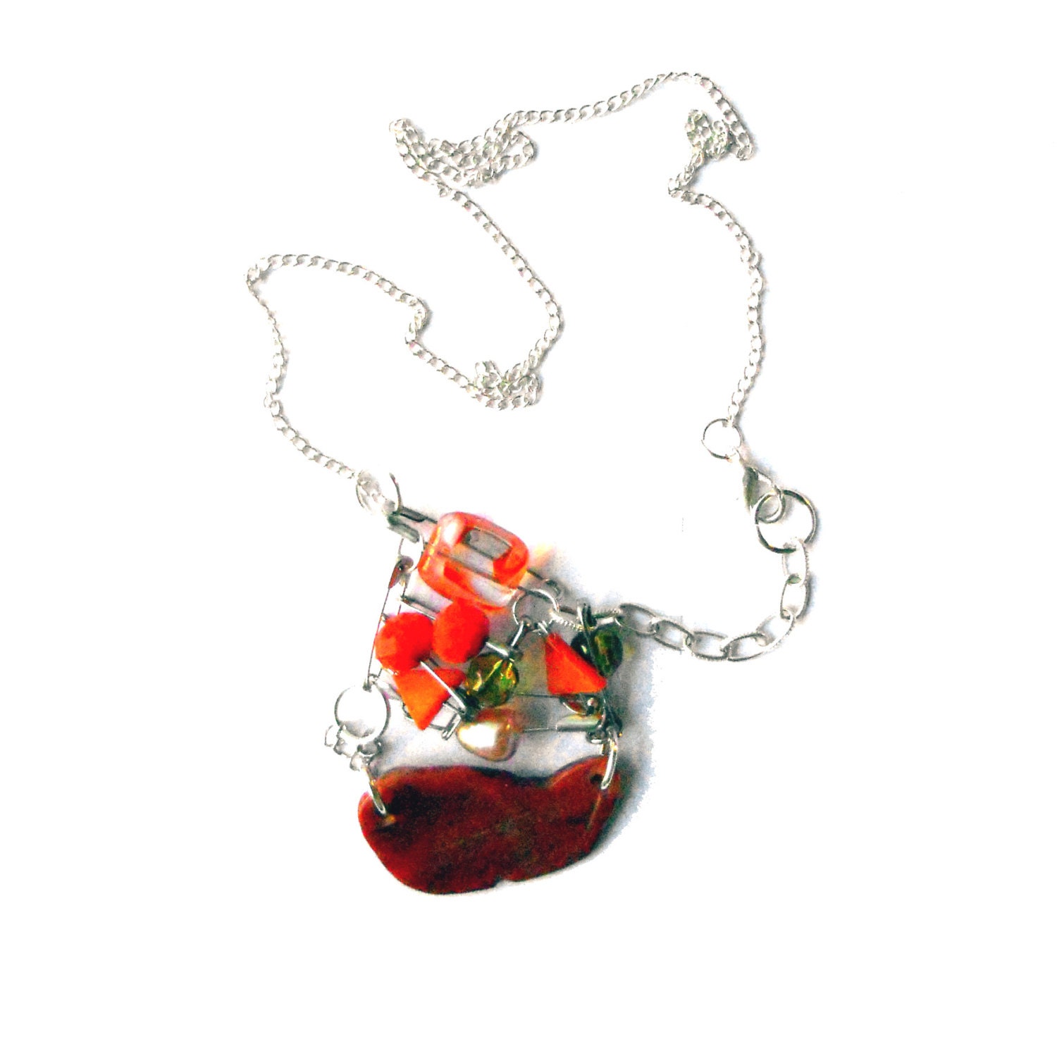 Safety pins  necklace Bib with orange pink and green beads and agate for her- one of a kind - OOAK