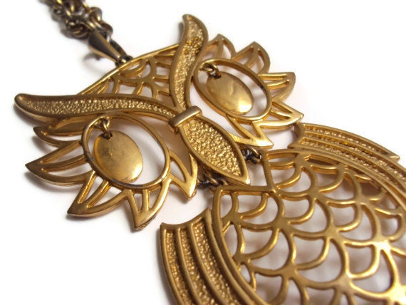 Large Vintage Owl Necklace, Statement Necklace, Gold Tone Owl Pendant, Costume Jewelry, Huge, Big, Bird Jewelry, Jointed Moving Owl