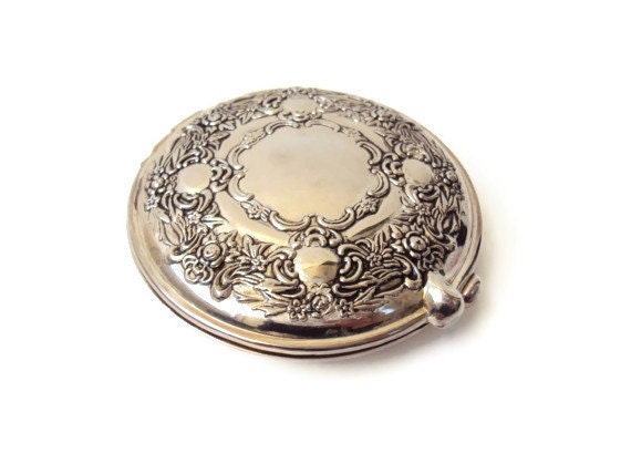 Vintage Silver Plated Compact, Repousse Pocket Mirror, Embossed Filigree Design, Double Sided, Perfect for Engraving