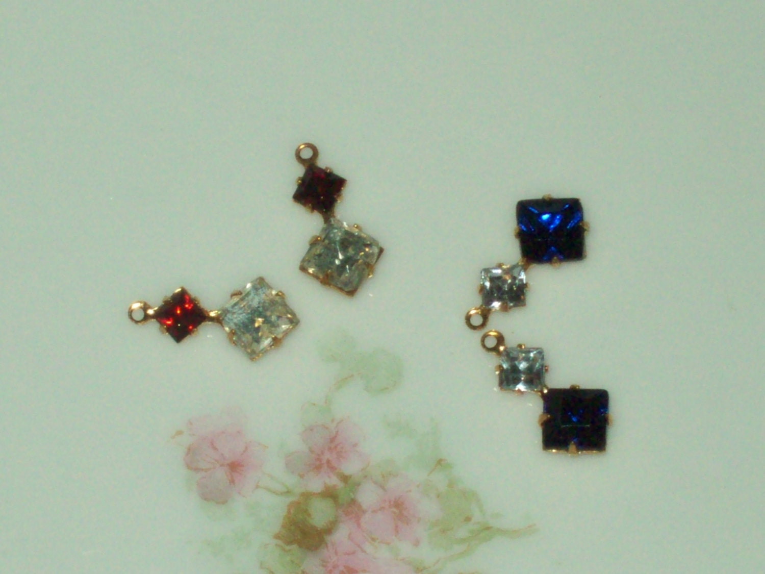Dangles, Crystal, Glass, NOS, Blue with White, or White with Red, set of 2, your choice, earrings, necklace, jewelry design, NOS