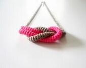 Together, crochet knot necklace. Nautical knot necklace. Neon pink and sand cotton yarn.