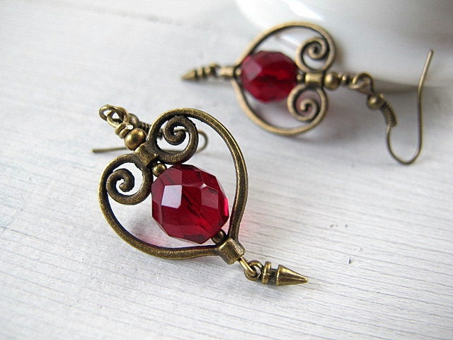 Beaded Heart Earrings in Antique Brass with Red Czech Glass