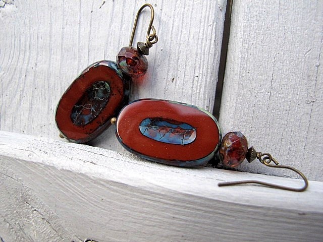 Bohemian Czech Glass  Earrings: Oxblood Ovals with Antique Brass