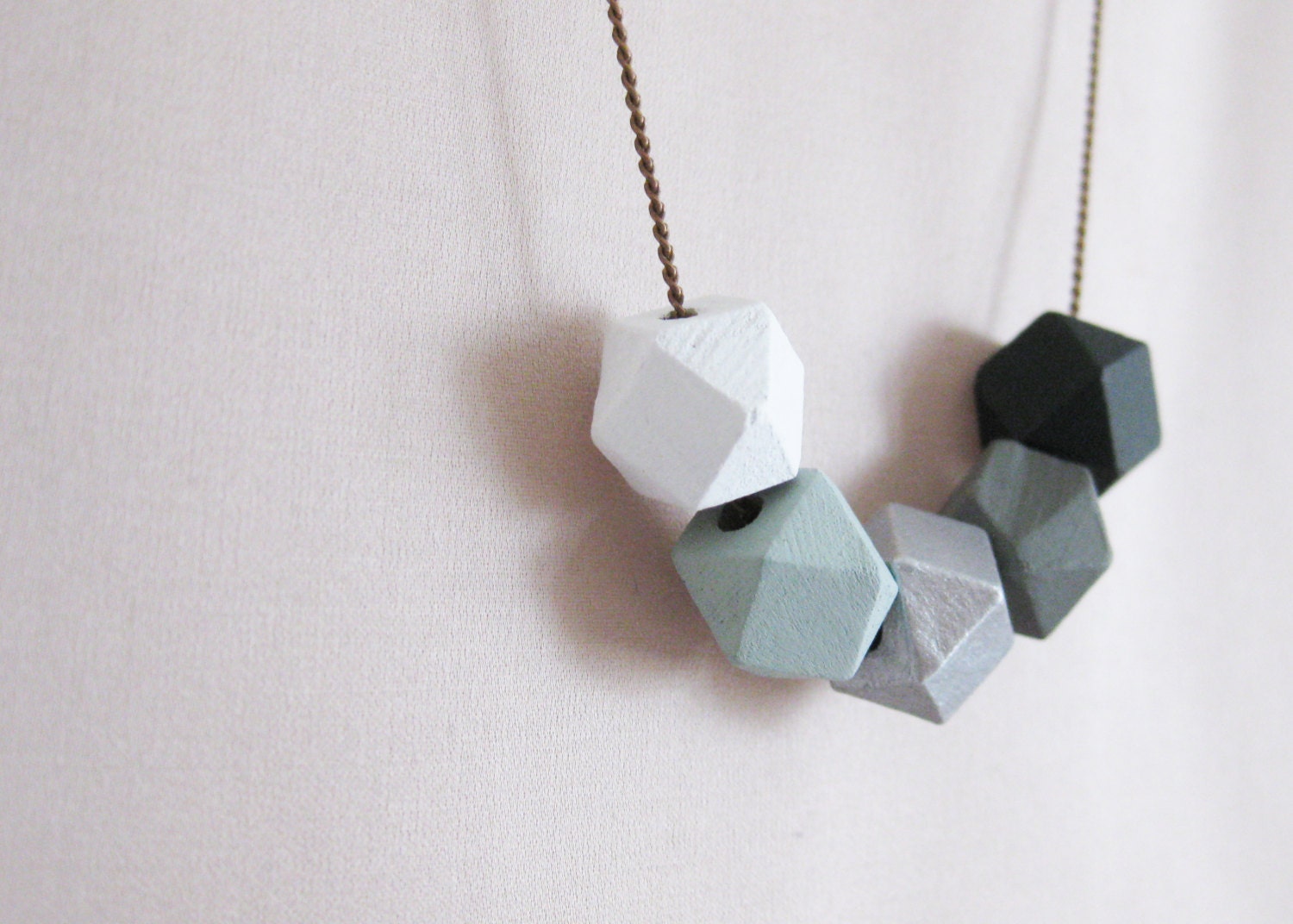 Geometric Necklace. Wood Ombre Necklace. Faceted Beads. Bohemian Jewelry. Shades of Grey. Hand painted.