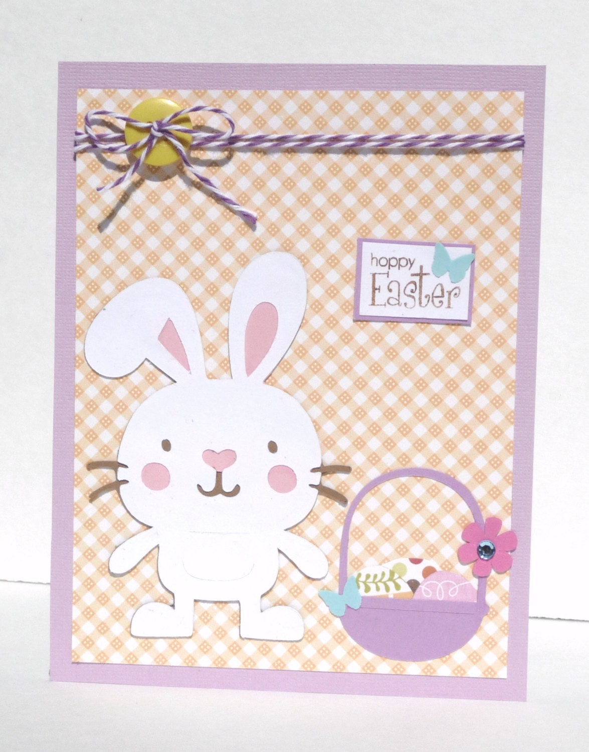Happy Easter with Bunny and Basket Greeting Card - Handmade Paper Card