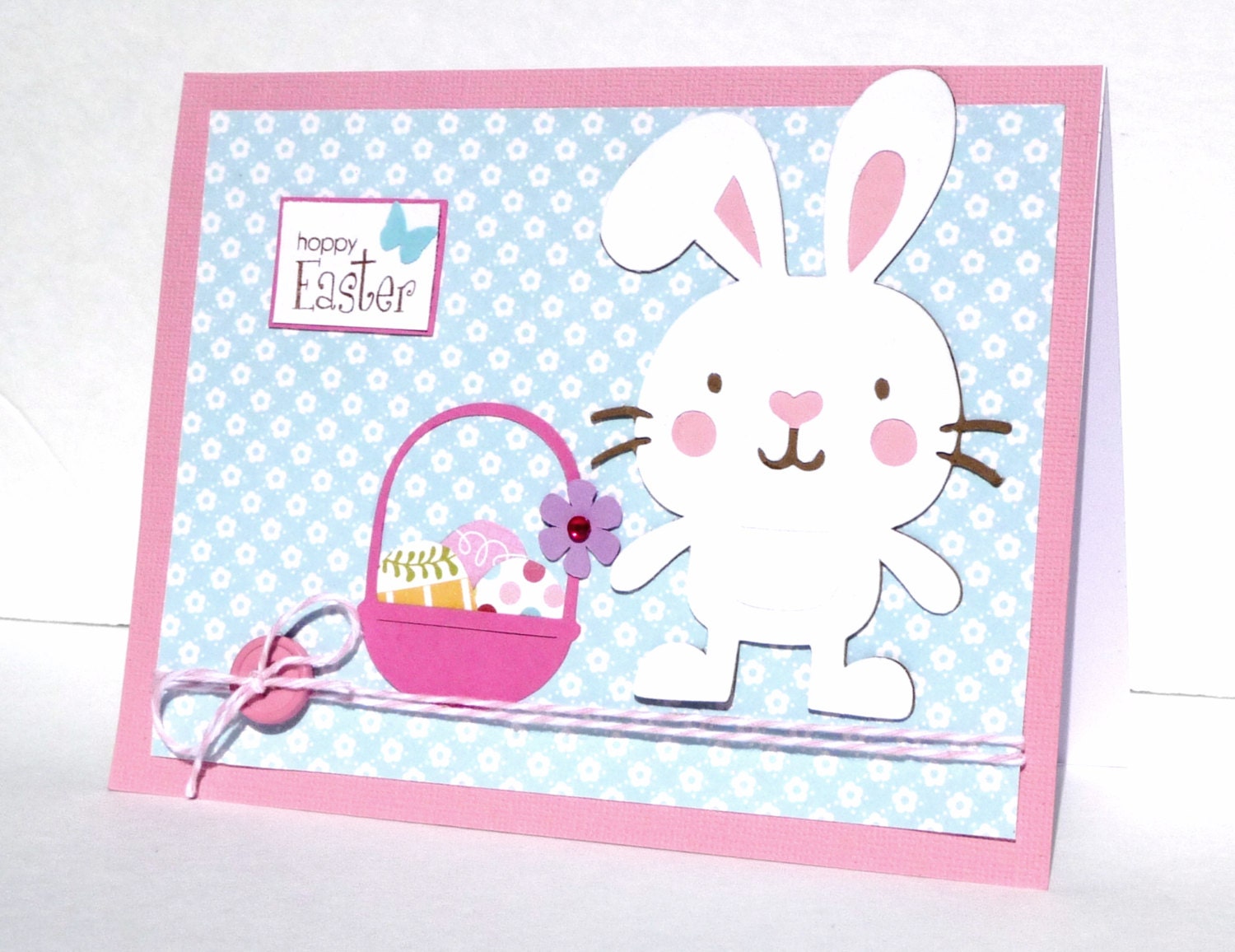 Happy Easter with Bunny and Pink Basket Greeting Card - Handmade Paper Card