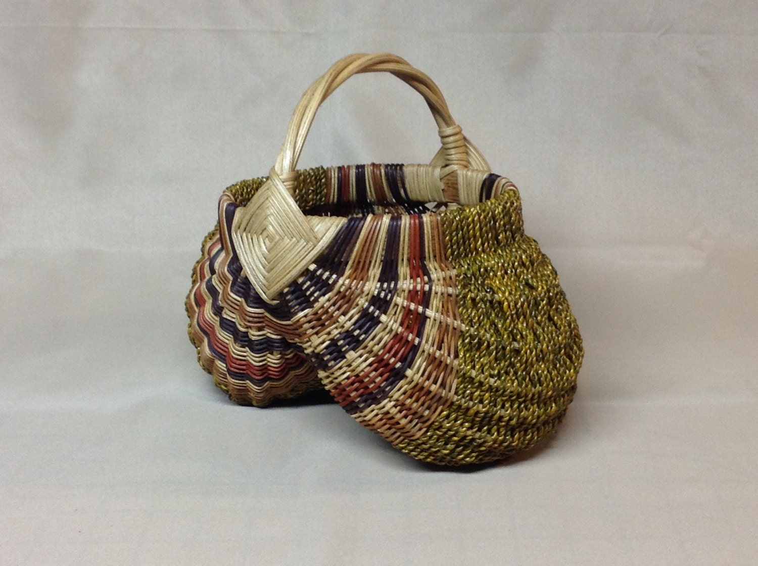 Hand Woven Egg Basket with Twisted Reed Handle, Gold, Brown and Rust