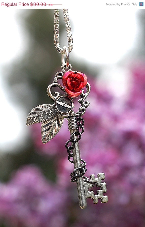 SALE - Red Winter Rose Key Necklace