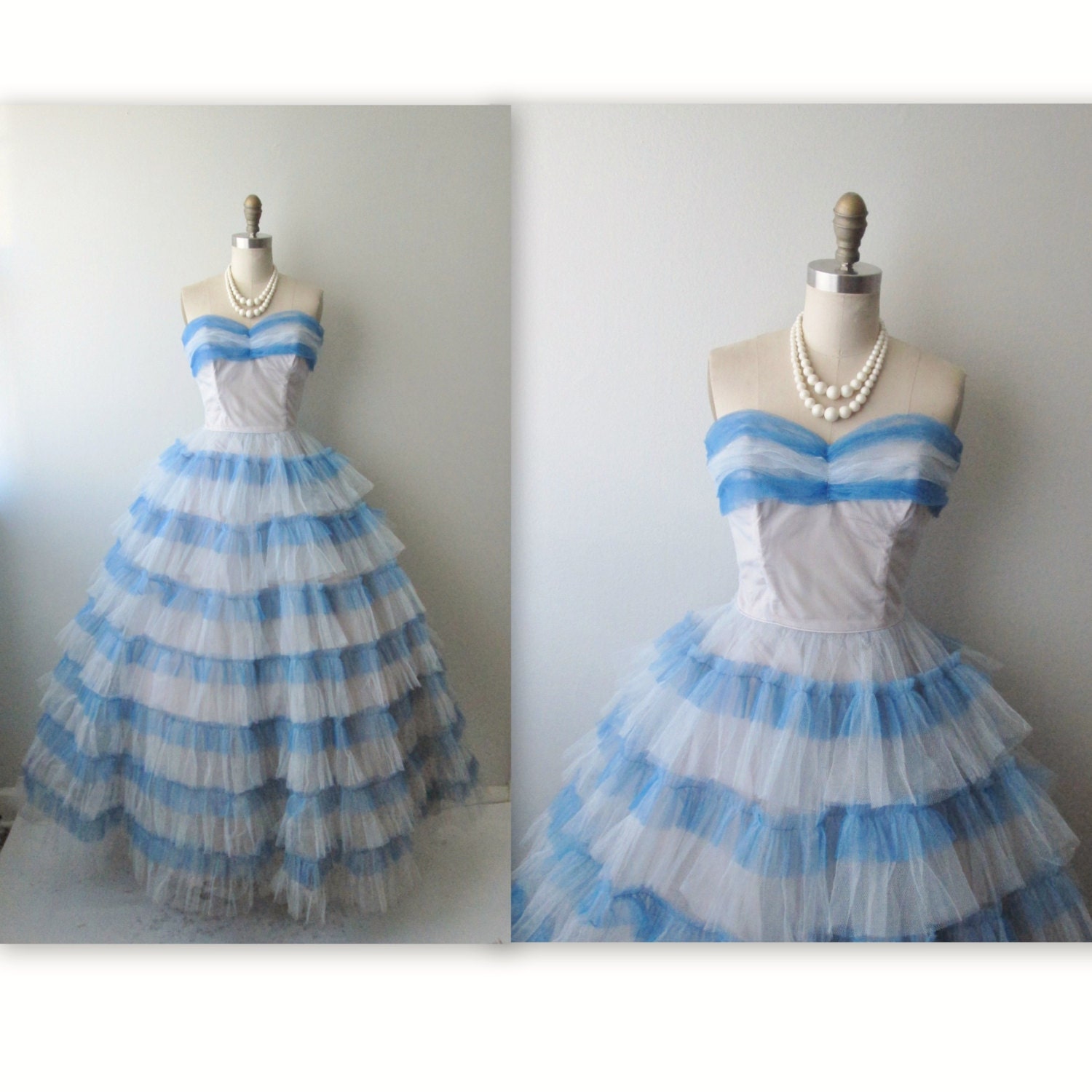 1950s Prom Dress // Vintage 50s Strapless Blue Tulle Party Prom Wedding Dress Gown S M