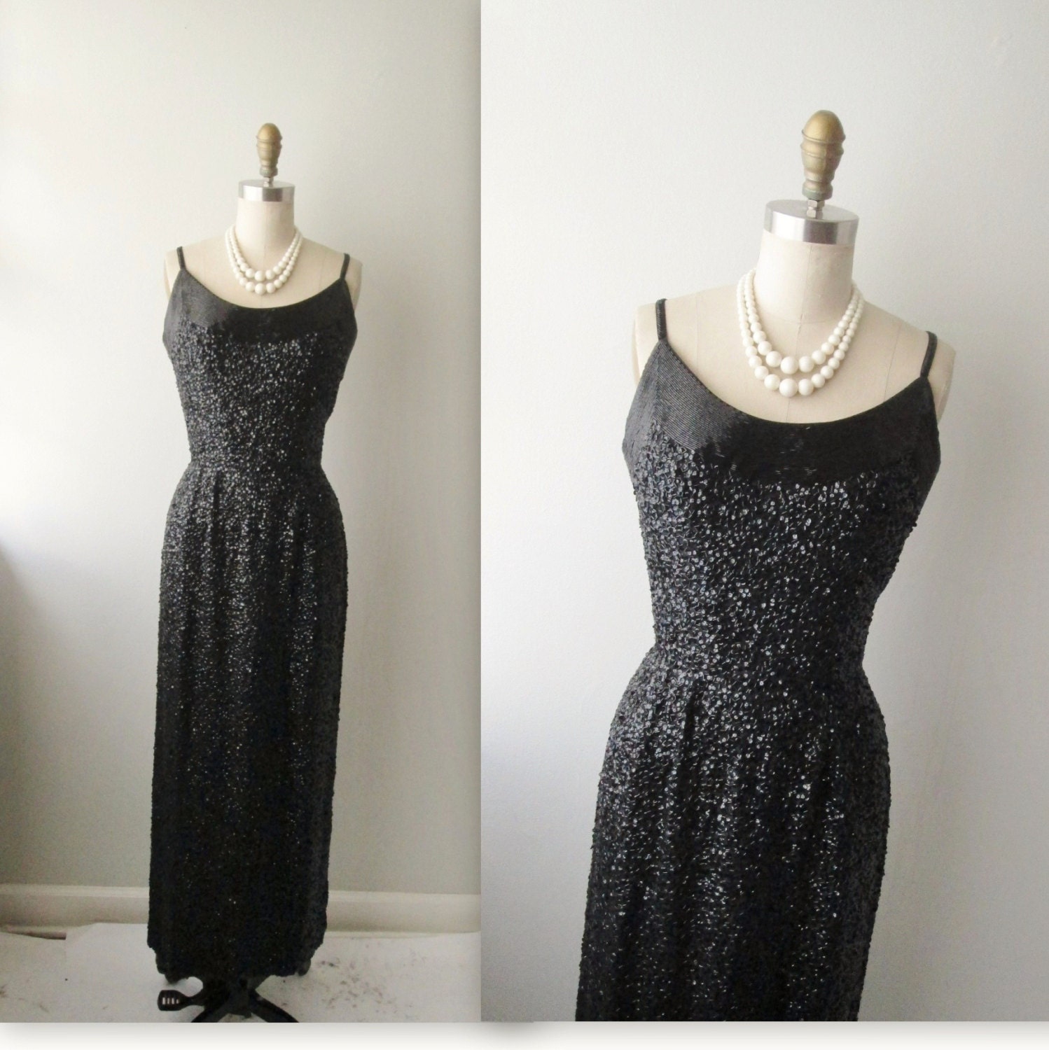 50s Beaded Wiggle Dress // Vintage 1950's Black Beaded Sequined Hourglass Marilyn Monroe Cocktail Party Wiggle Dress Gown