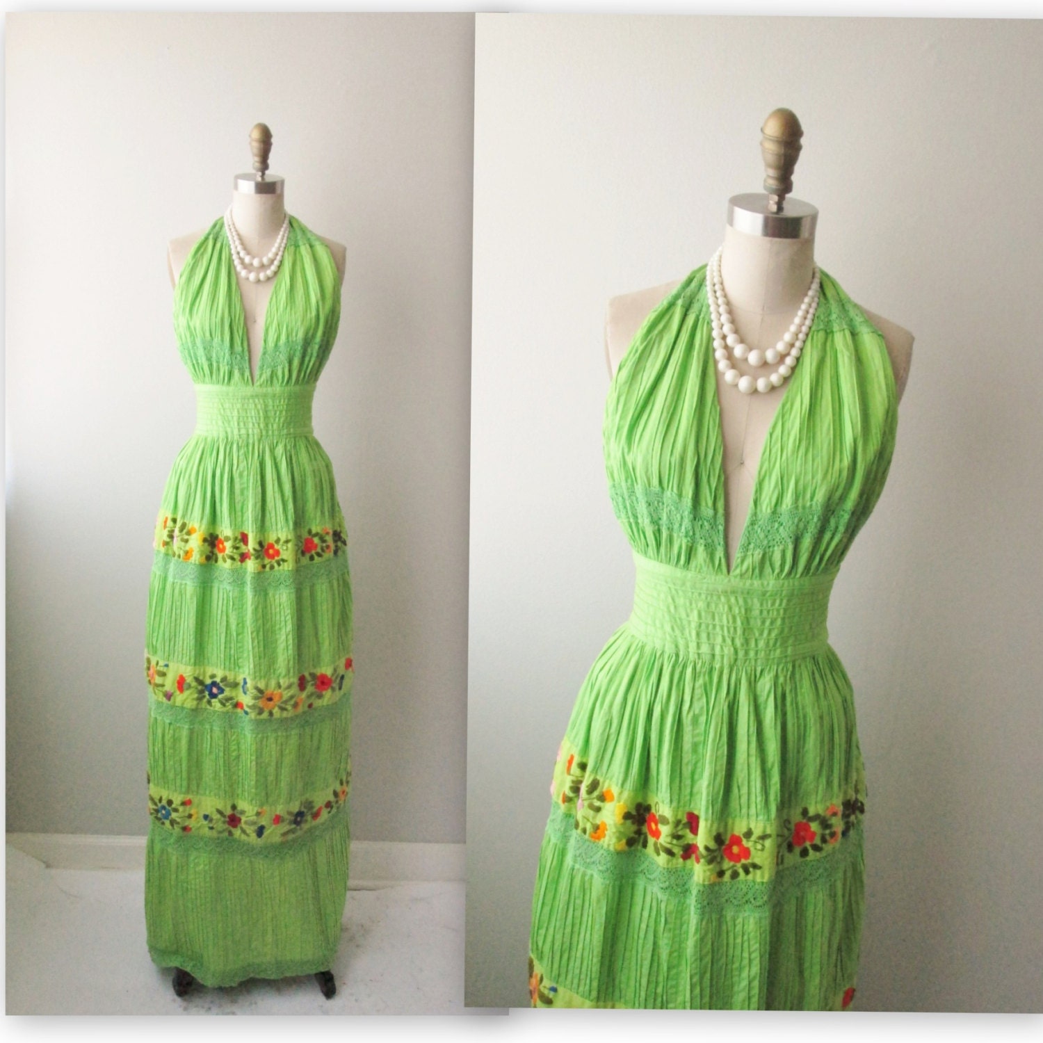60s Mexican Wedding Dress // Vintage 1970's Mexican Embroidered Floral Pintucked Lime Cotton Lace Maxi Dress S