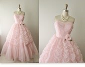 50s Prom Dress // Vintage 1950s Ruched Pink Chiffon Wedding Party Prom Dress XS