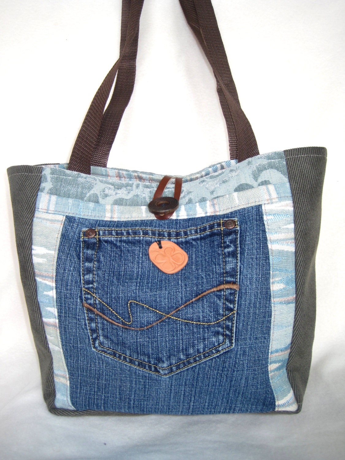 Tote Bag Brown Blue Denim Organizer Terra Cotta Shamrock Embellishment