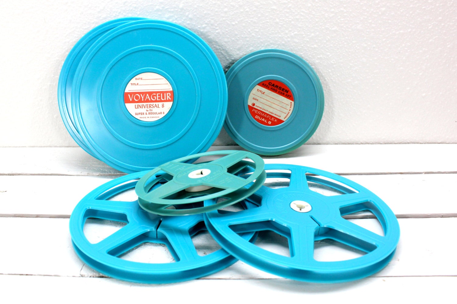 Vintage Turquoise Plastic Film Reel and Canister Set-Three