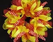 Summer or Spring Wreaths, Red Yellow, Wreaths for Doors, Poly Mesh Wreaths - Item 763