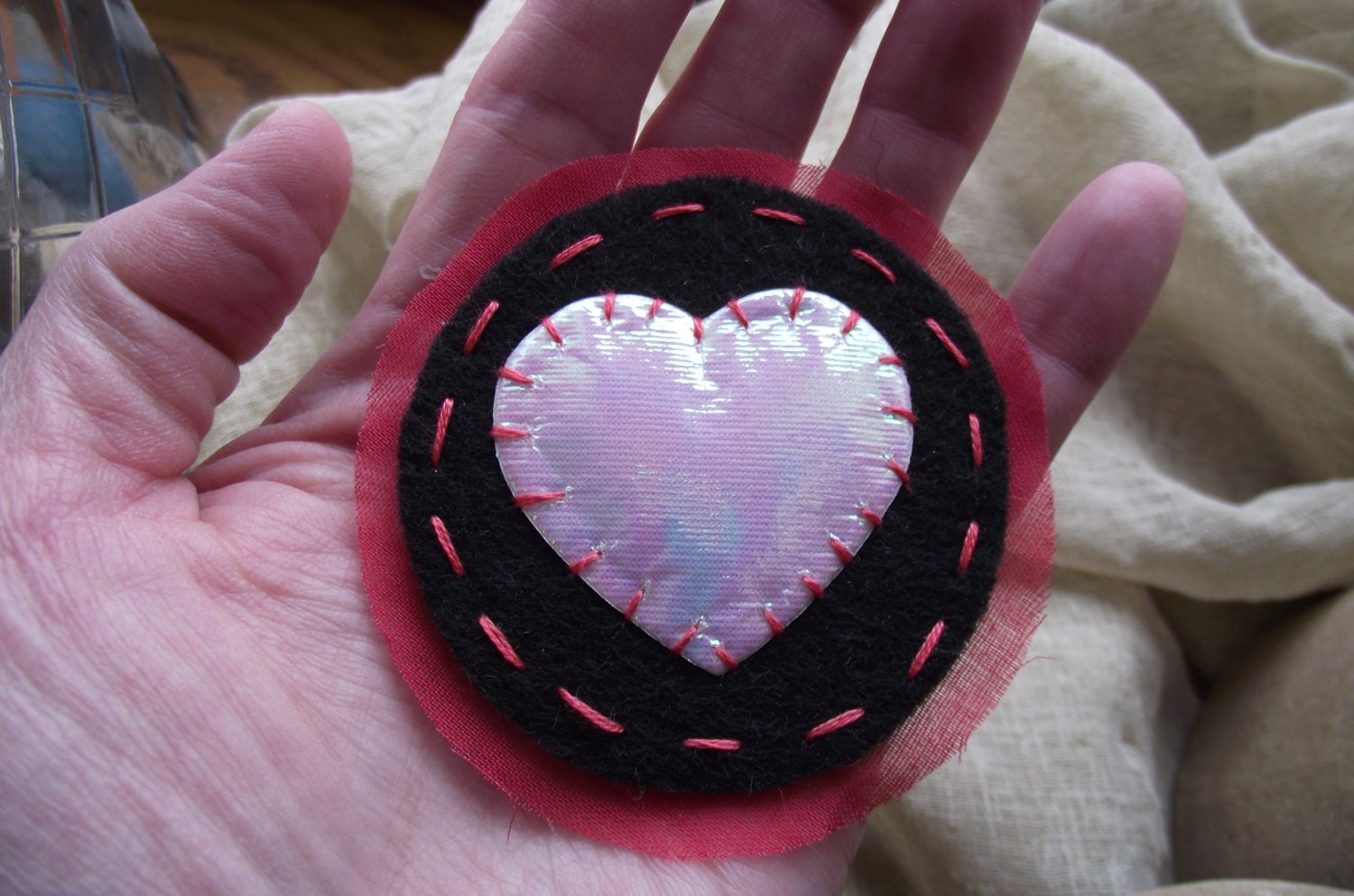 Embroidered Heart Jewelry Red and Black Lapel Pin Brooch Iridescent Love Fashion Accessory Scarf  Purse Hat Pin Valentines Gift
