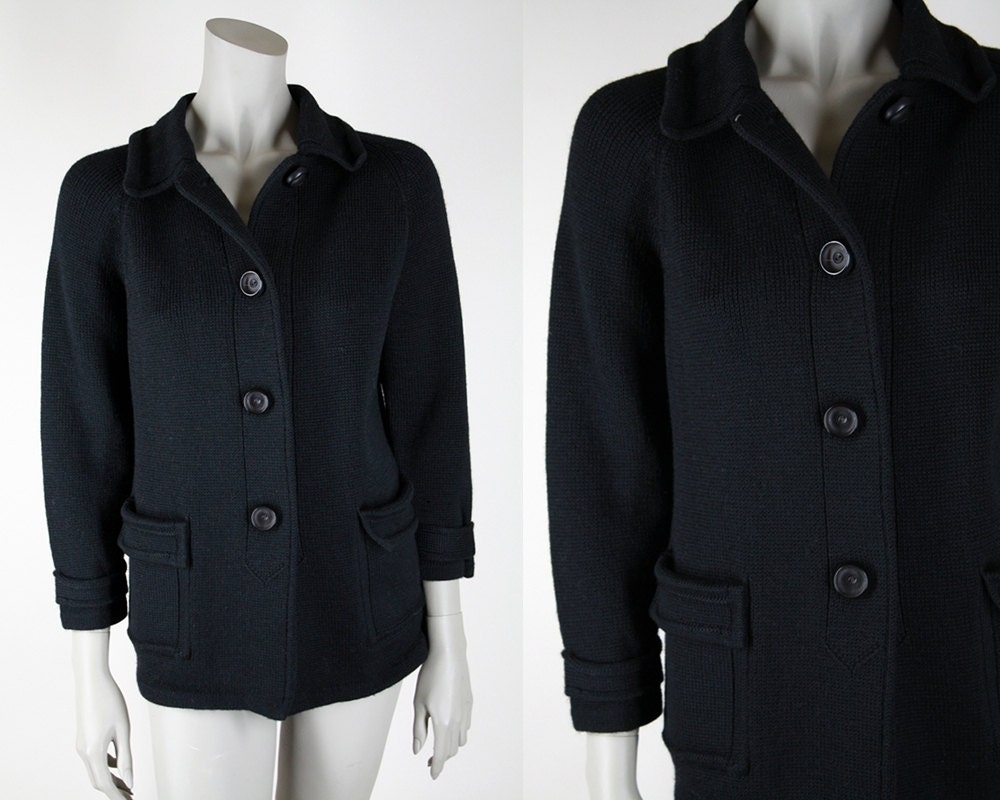 Vintage 1960s Sweater : 60s Chunky Black Wool Pocket Cardigan M