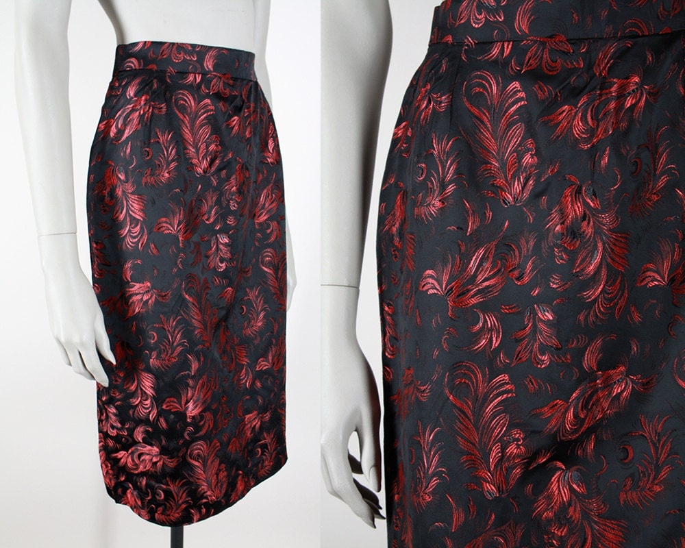 Vintage 1960s Pencil Skirt : 60s Black and Red Satin Paisley Brocade Skirt S M