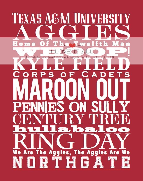 11x14 Texas A & M Aggies University Subway Wall Art Print Poster .  Graduation Gift // Maroon College Team Spirit