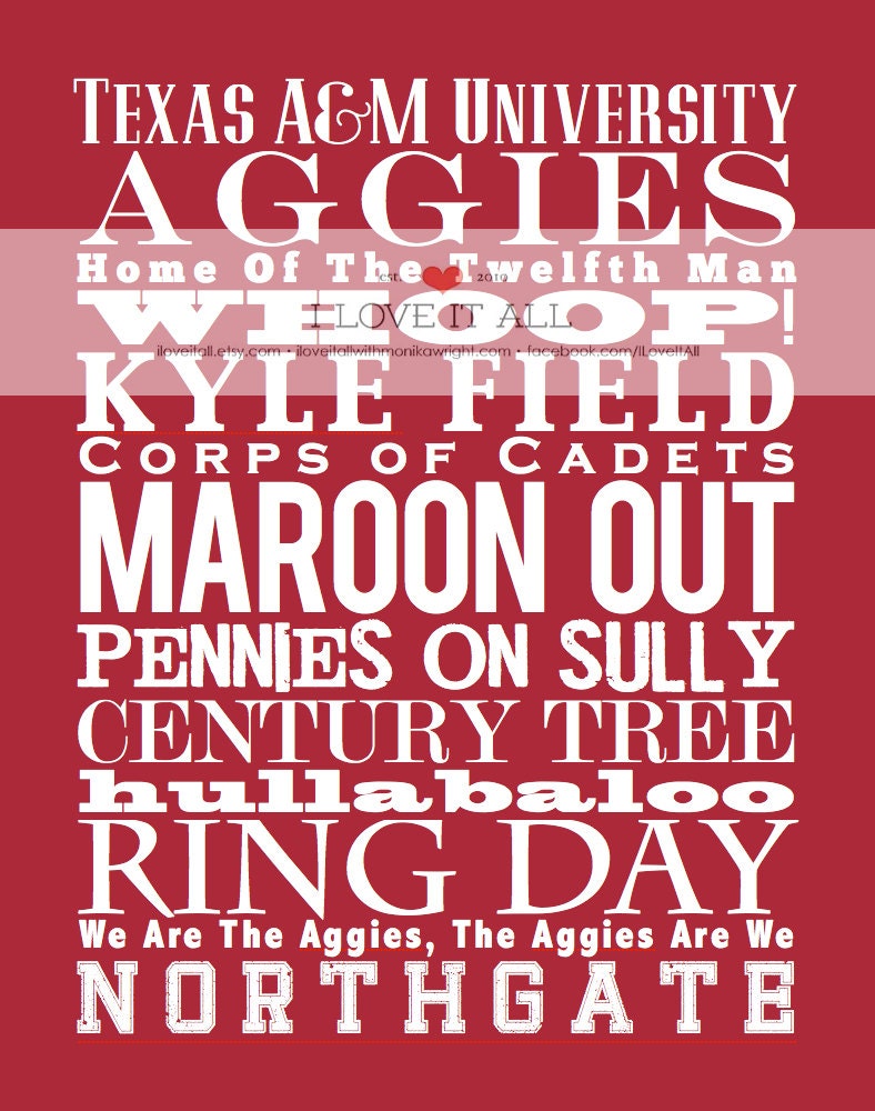 11x14 Texas A & M Aggies University Subway Wall Art Print Poster .  Graduation Gift // Maroon College Team Spirit