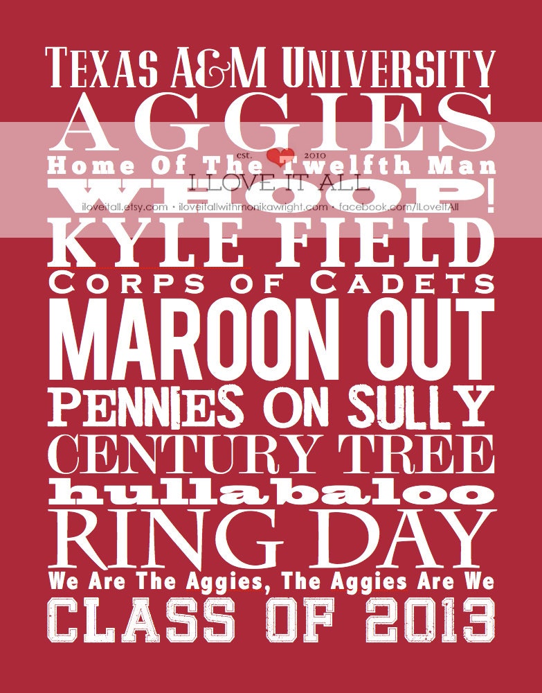 11x14 Texas A & M Aggies University Subway Wall Art Print Poster .  Graduation Gift // Maroon College Team Spirit