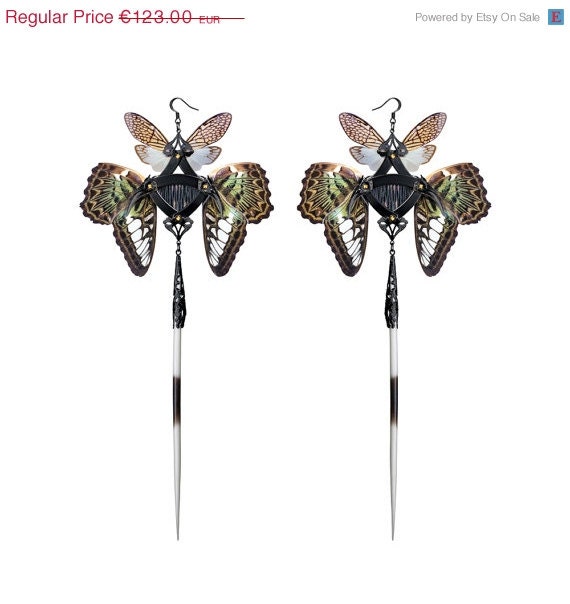 Spring Sale - 10 % OFF - Black Porcupine Quills with Oriental Moth and Butterfly Wings - KANZASHl Long Dangle Earrings - One of a kind - Fr