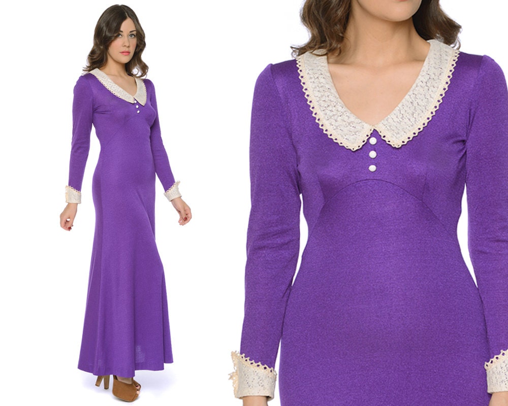 70s Babydoll Dress Purple Cream Lace Peter Pan Collar Mod Empire Waist 1970s Maxi Dress Long Sleeves / Size M Medium
