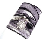 Silk Ribbon Bracelet with Peace Sign and Buddha Head Charms,wrapped, wrapping, wrap around,wrist wrap